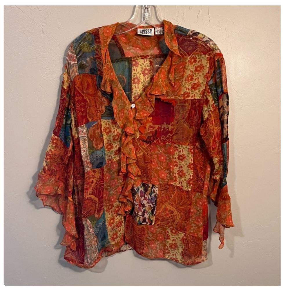 Chico's Design Whimsy Goth Silk Patchwork Button … - image 2